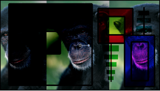 显示使用“线性加深”模式混合的框和猴子的画布