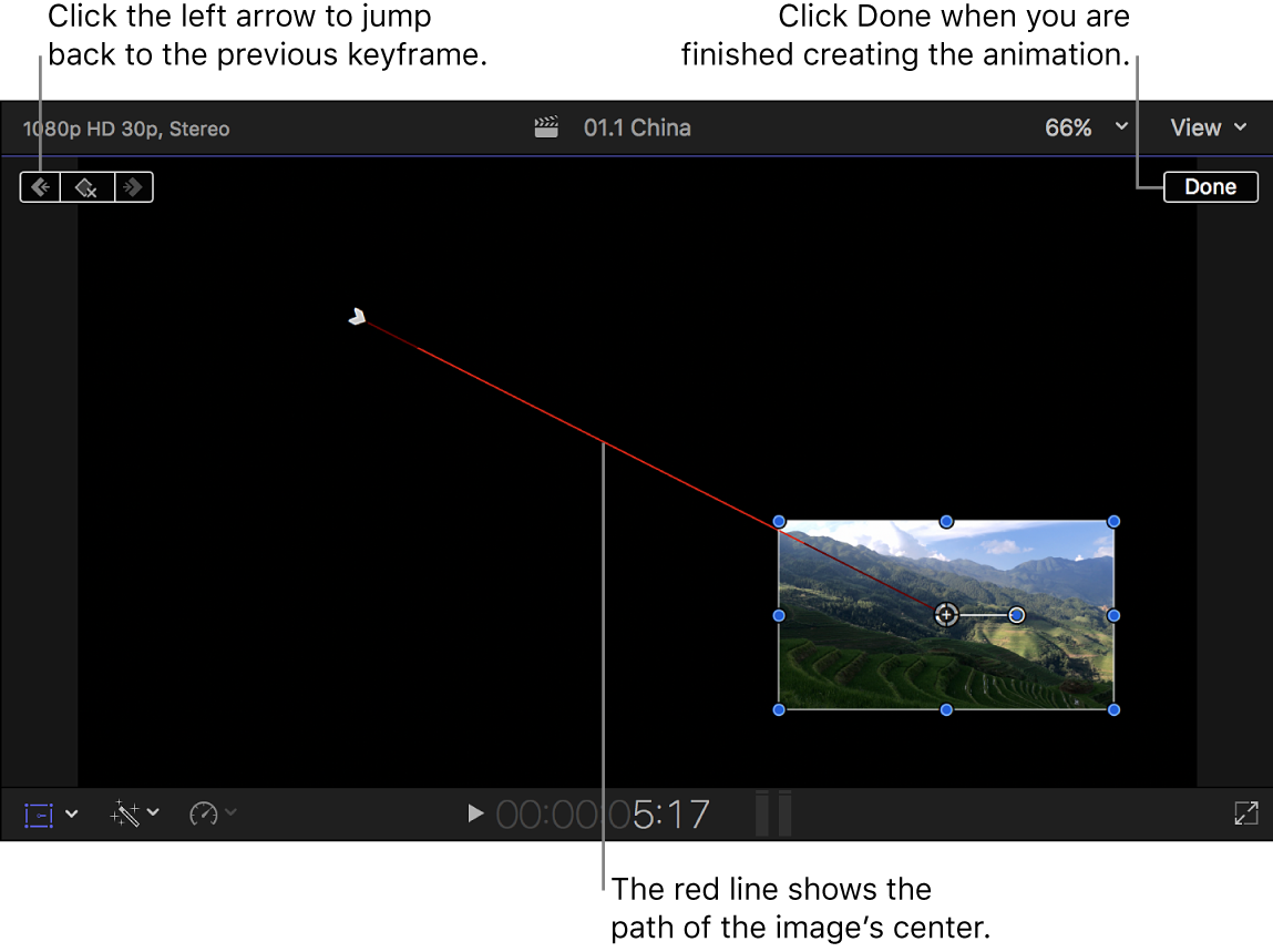 Der Viewer mit dem Effekt „Transformieren“ mit zwei eingestellten Keyframes und einer roten Linie zwischen den Keyframes, die den Bildpfad anzeigt