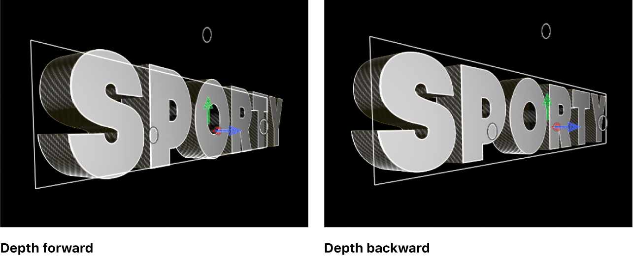 3D-Titel im Viewer mit Tiefenrichtung, die auf vorwärts und rückwärts eingestellt ist