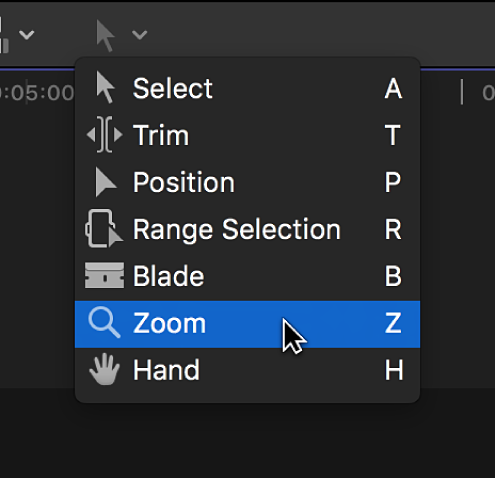 The Zoom tool in the Tools pop-up menu