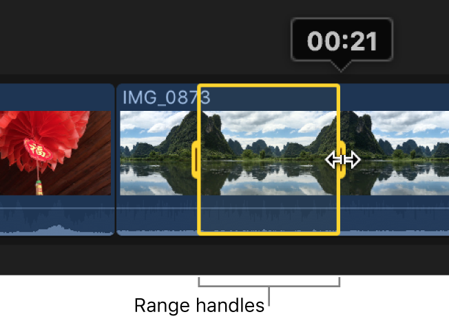 A range selection in the timeline with a yellow border and range handles on each side