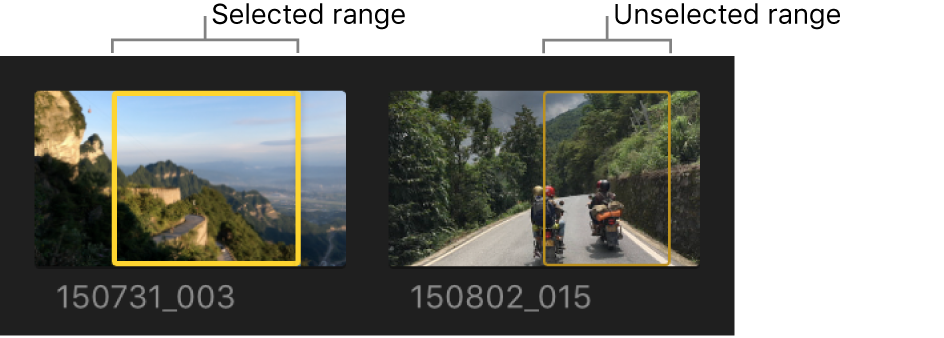 Selected and unselected ranges in clips in the browser