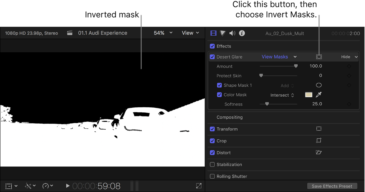 A la izquierda, el visor con un canal alfa con máscara invertida; a la derecha, el inspector de vídeo con el botón de aplicar máscaras de efecto