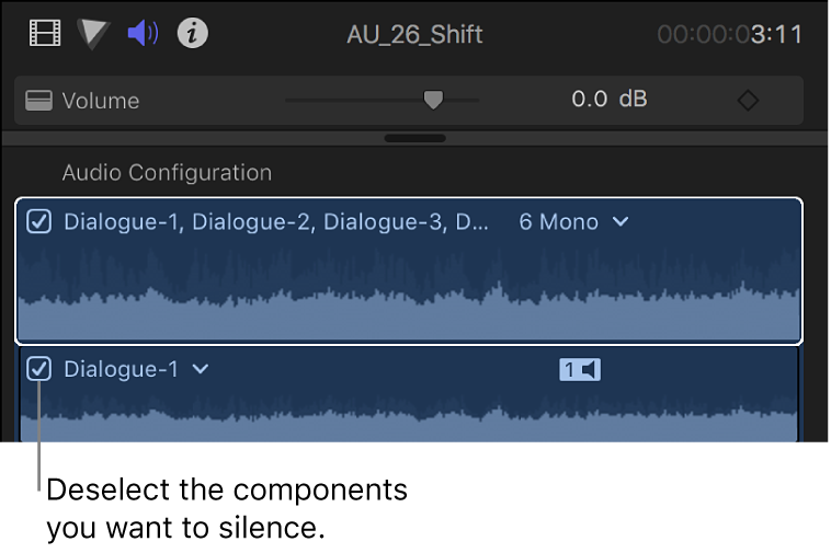 Casillas de componentes de audio en la sección “Configuración de audio” del inspector de audio