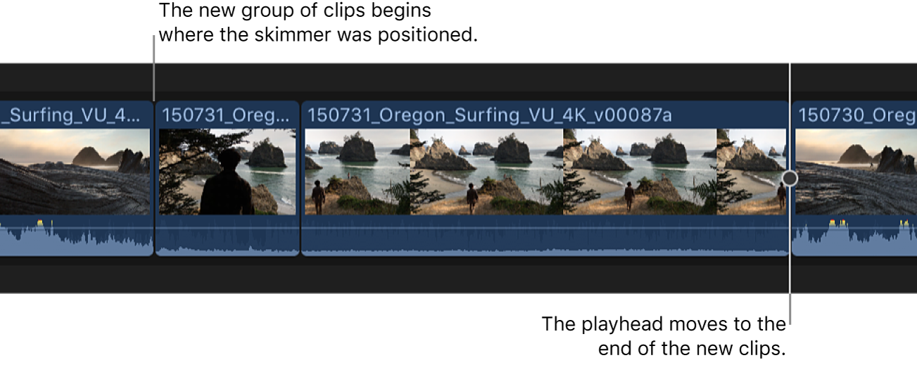 Dos clips del explorador añadidos a la línea de tiempo a partir de la ubicación de Skimmer