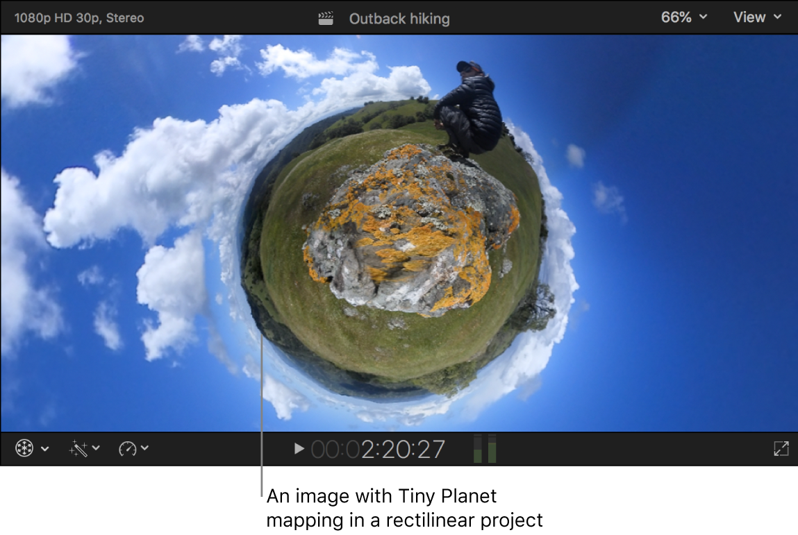 Visor que muestra una imagen con la asignación “Planeta diminuto”, creando el efecto de un planeta en miniatura en el centro de la imagen