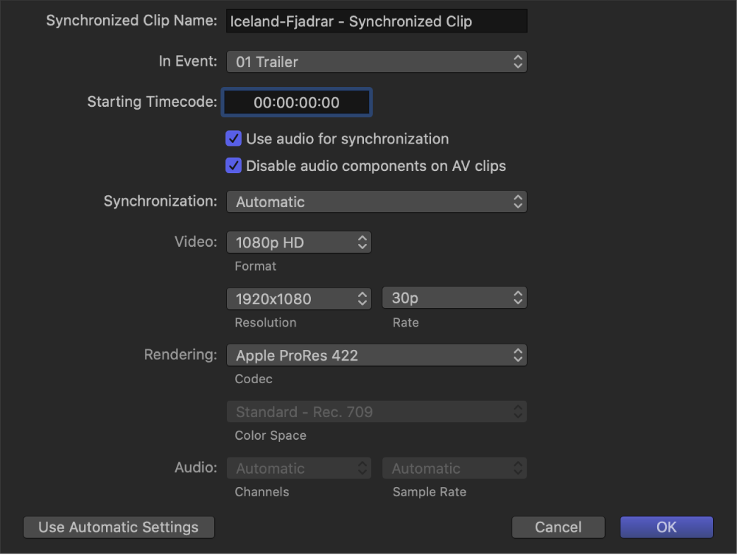Ajustes personalizados para la sincronización de clips