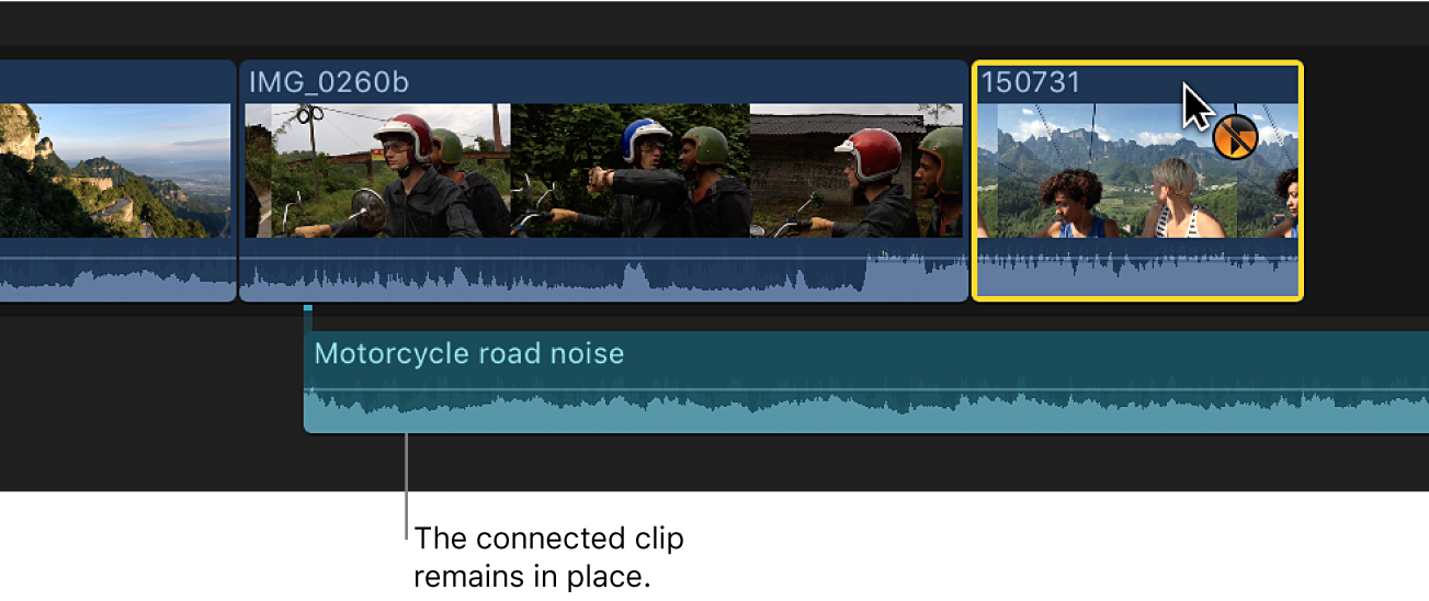 El clip arrastrado se muestra en la nueva ubicación de la línea de tiempo, mientras que el clip conectado anteriormente permanece en la ubicación antigua.