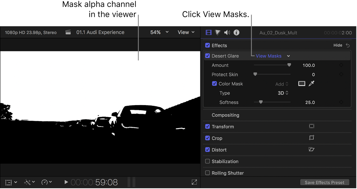 El visor a la izquierda con el canal alfa de la máscara y el inspector de vídeo abierto a la derecha