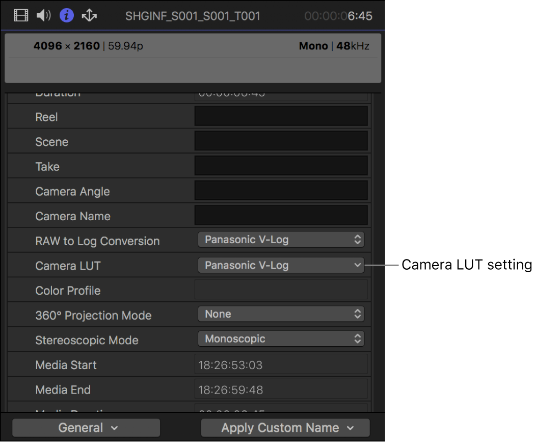 「一般」メタデータ表示の「カメラのLUT」設定が表示された「情報」インスペクタ
