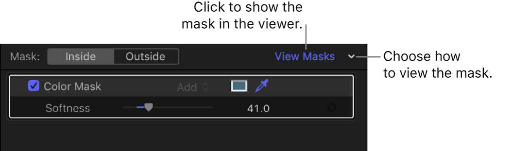 「カラー」インスペクタの「マスク」セクションの「マスクを表示」ボタンとメニュー