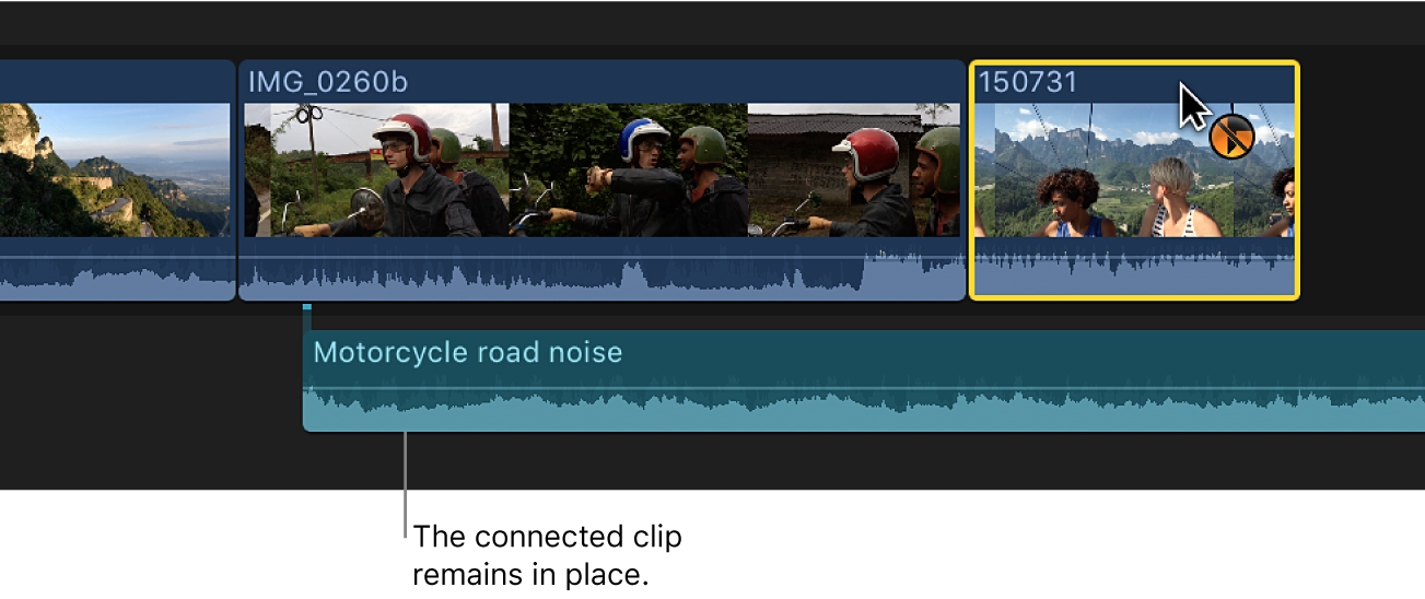 タイムライン内の新しい位置にドラッグされているクリップ。それまで接続されていたクリップは元の位置に残っています