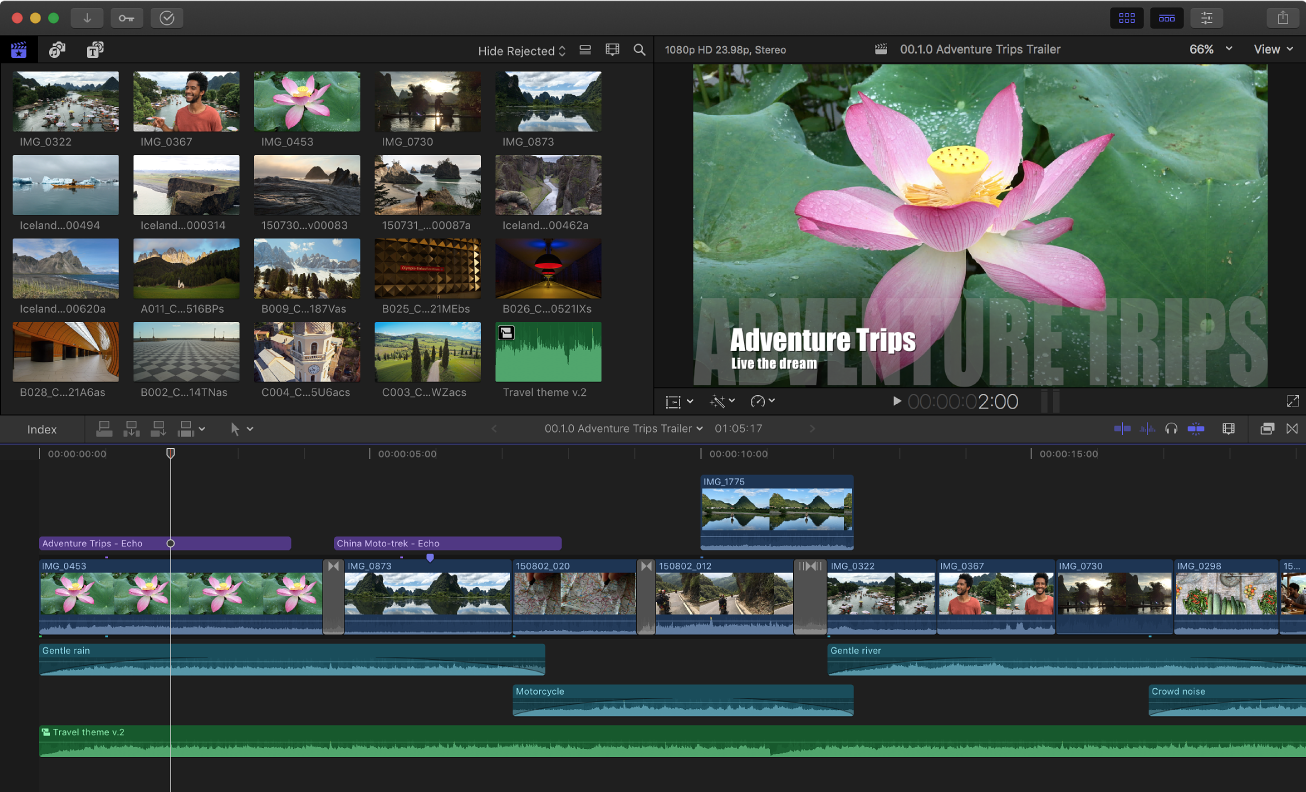 Final&nbsp;Cut&nbsp;Pro 窗口，显示浏览器、检视器和时间线