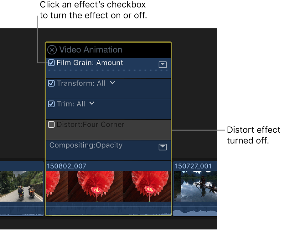 视频动画编辑器，显示用于打开和关闭效果的复选框