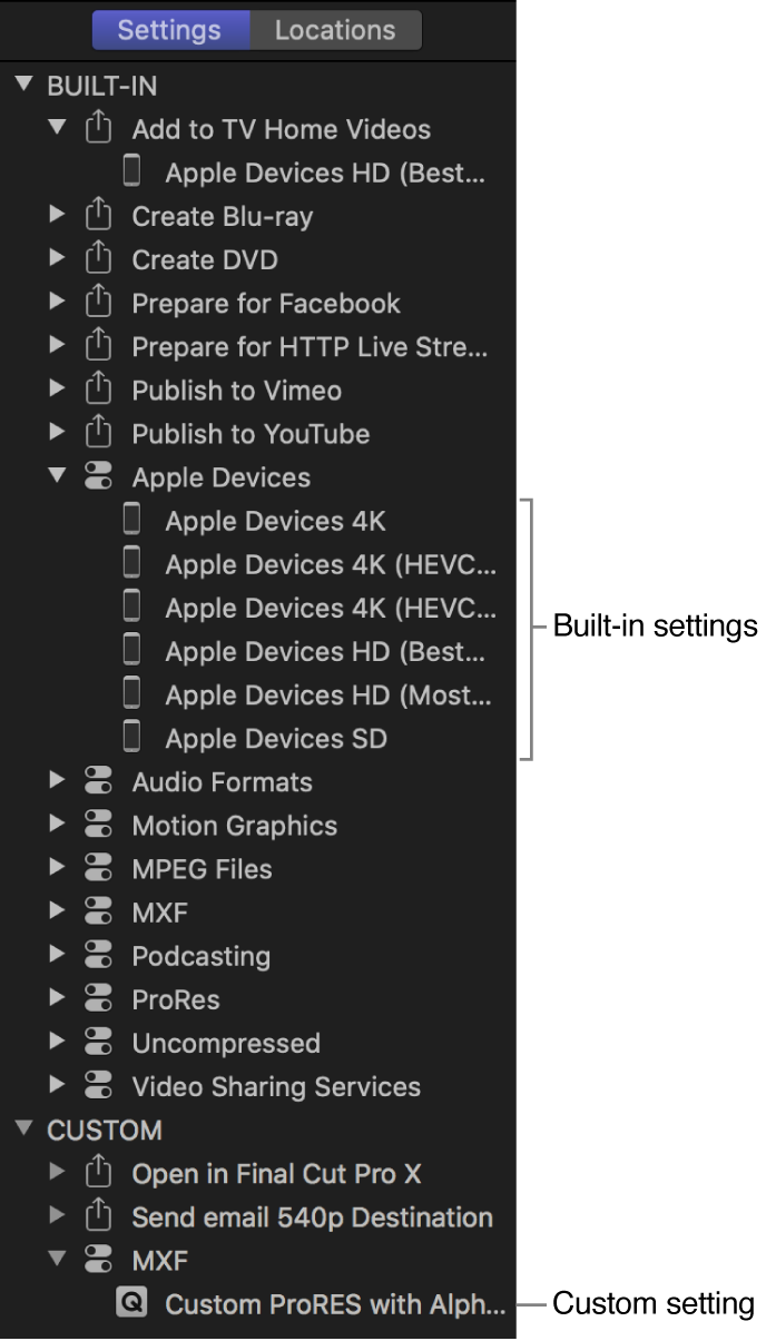 Settings pane showing a collection of built-in and custom settings.