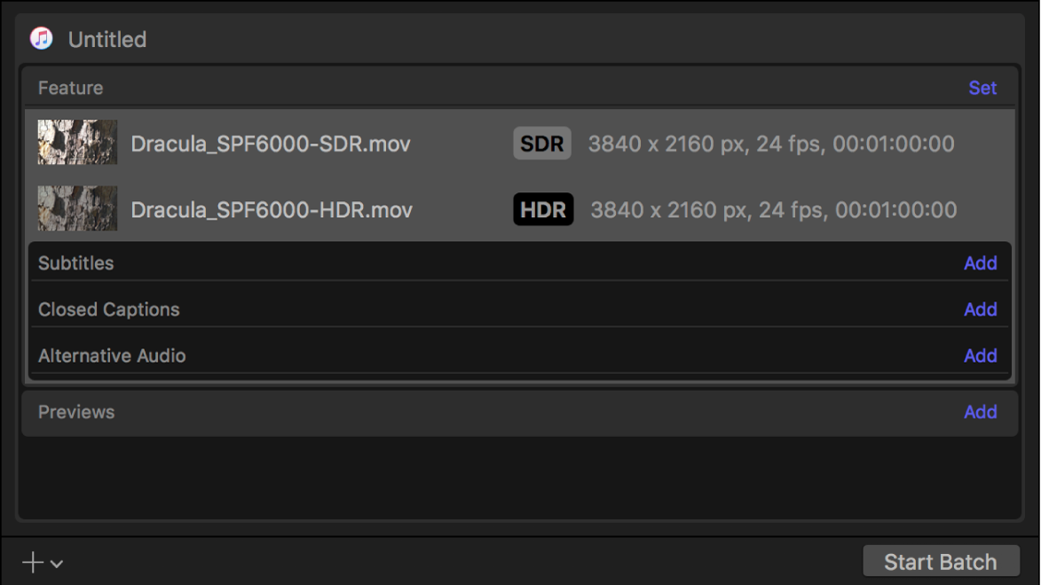 SDRビデオとHDRビデオの出力行が表示されているバッチ領域。