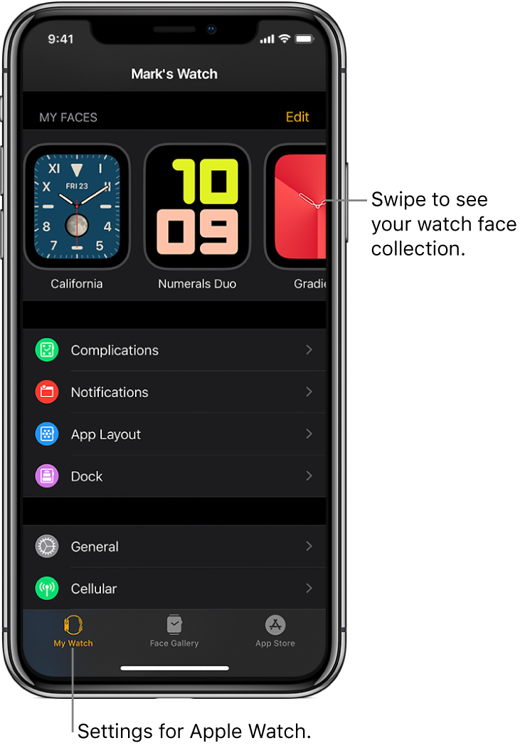 The Apple Watch app on iPhone open to the My Watch screen, which shows your watch faces near the top, and settings below. There are four tabs at the bottom of the Apple Watch app screen: the left tab is My Watch, where you go for Apple Watch settings; next is the Face Gallery, where you can explore available watch faces and complications; then the App Store, where you can download apps for Apple Watch; and Search, where you can find apps in the App Store.