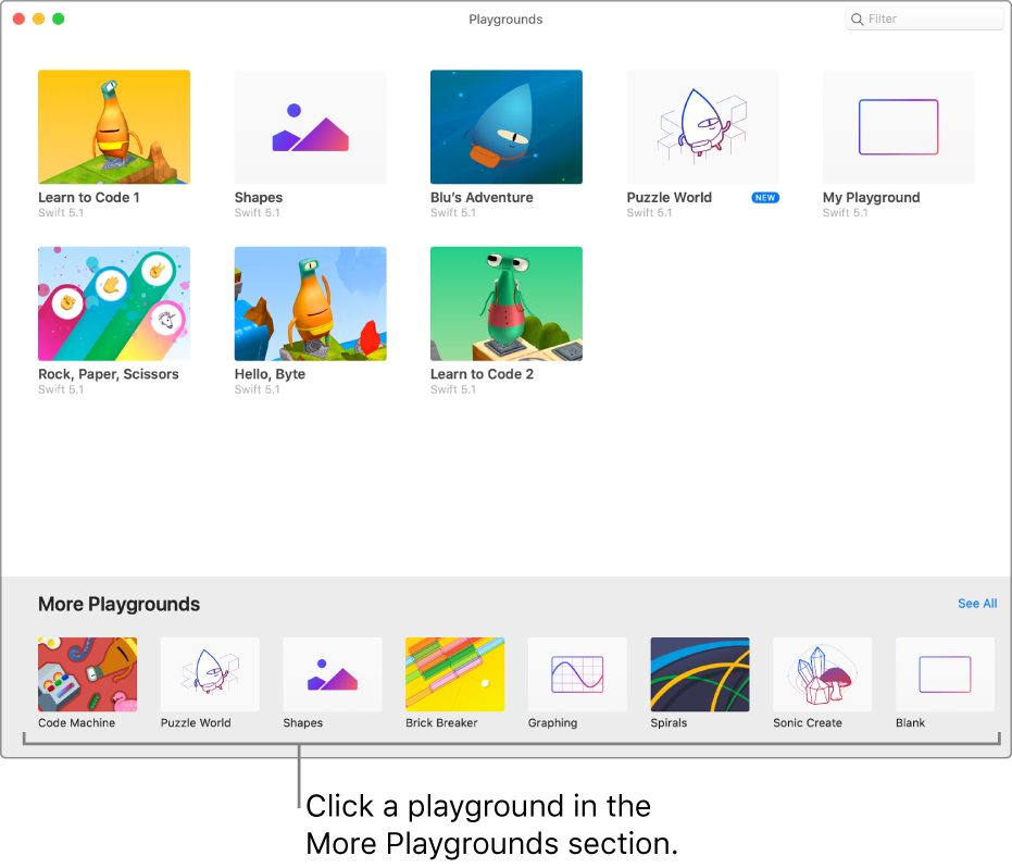 The More Playgrounds section of the Playgrounds screen, showing several playgrounds you can try.