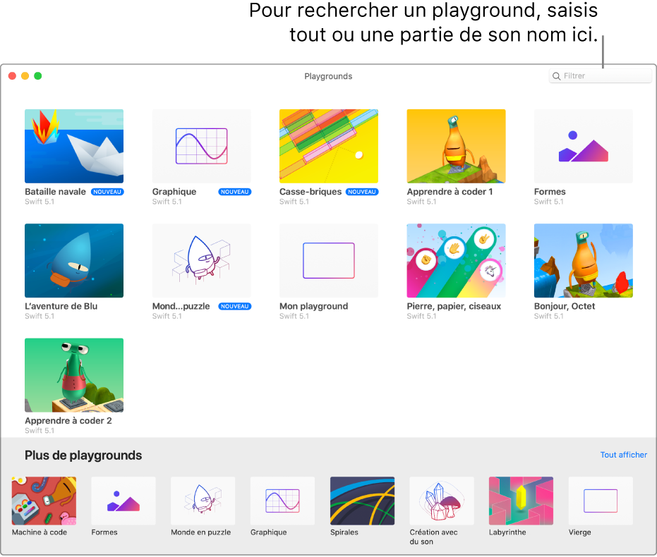 L’écran Playgrounds, affichant les playgrounds que tu as créés ou téléchargés, et le champ de filtre en haut, dans lequel tu peux saisir une partie ou l’ensemble du nom d’un playground pour afficher uniquement les playgrounds contenant ce texte dans leur nom. Le bouton « Tout afficher », qui te dirige vers l’écran « Plus de playgrounds », se trouve en bas à droite.