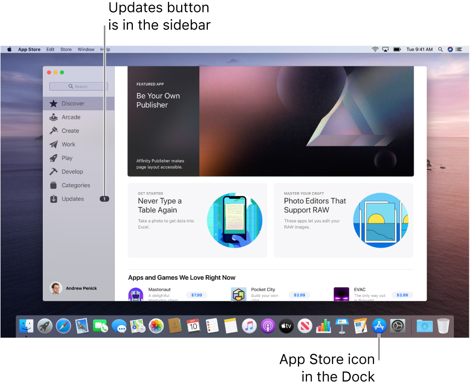 The main App Store window with a callout identifying the Updates button in the sidebar, and another callout identifying the App Store icon in the Dock.