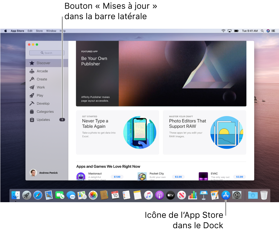 La fenêtre principale de l’App Store, avec une légende identifiant le bouton « Mises à jour » dans la barre latérale, et une autre identifiant l’icône « App Store » dans le Dock.