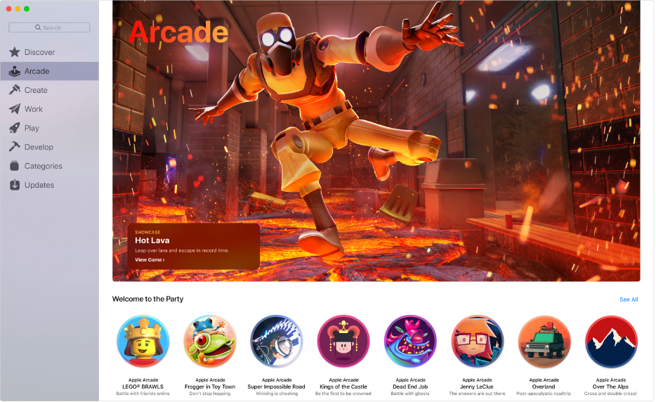 Glavna Apple Arcade stranica. Da biste mu pristupili, kliknite Arcade u rubnom stupcu s lijeve strane.