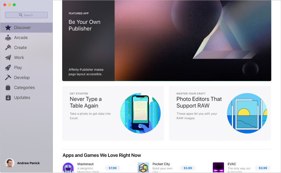Mac App Storeのメインページ。左側のサイドバーに、ほかのページ(「見つける」、「創作する」、「仕事する」、「楽しむ」、「開発する」、「カテゴリ」、「アップデート」)へのリンクが含まれています。右側はクリック可能な領域で、「舞台裏」、「エディターより」、「エディターのおすすめ」が含まれています。