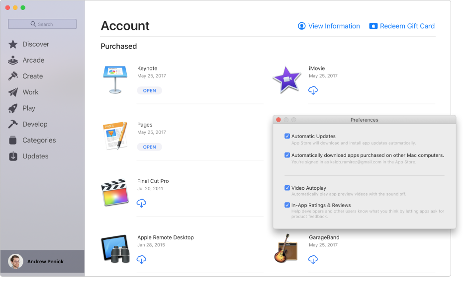 Trang Tài khoản của Mac App Store đang hiển thị một vài ứng dụng đã sẵn sàng được tải về. Khung Tùy chọn của Mac App Store, được hiển thị dưới dạng một lớp phủ ở góc dưới cùng bên phải của trang Tài khoản, có các tùy chọn “Tự động cập nhật”, “Tự động tải về các ứng dụng đã mua trên các máy tính Mac khác”, “Tự động phát video” và “Xếp hạng & nhận xét in-app” được chọn. Ở cuối khung là các menu bật lên, nơi bạn chọn các tùy chọn mật khẩu khi mua các ứng dụng và tải các bản tải về miễn phí.