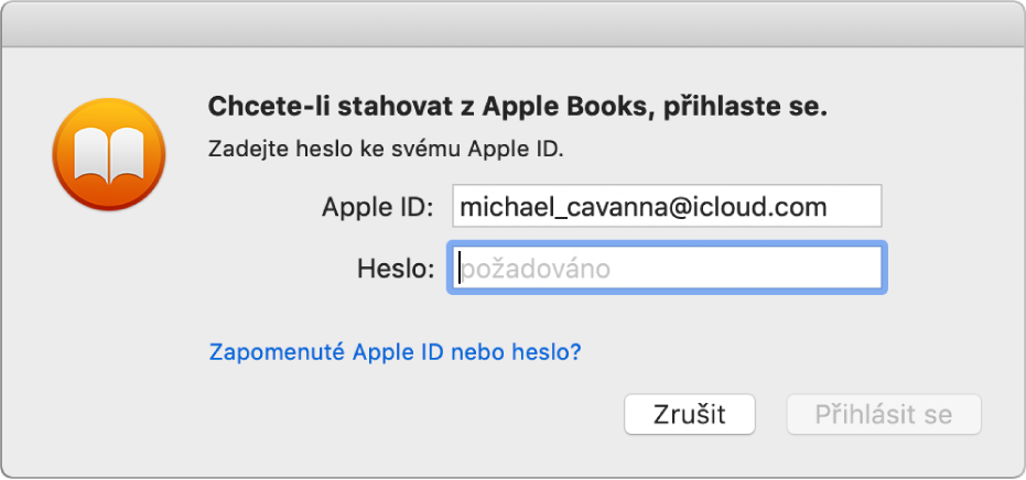 Dialogové okno pro přihlášení pomocí Apple ID a hesla