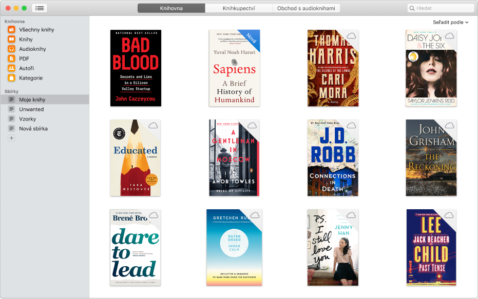 Zobrazení „Sbírky“ v knihovně aplikace Knihy; nalevo je vidět seznam sbírek