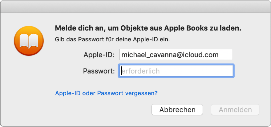 Das Dialogfenster zum Anmelden mit einer Apple-ID und einem Passwort