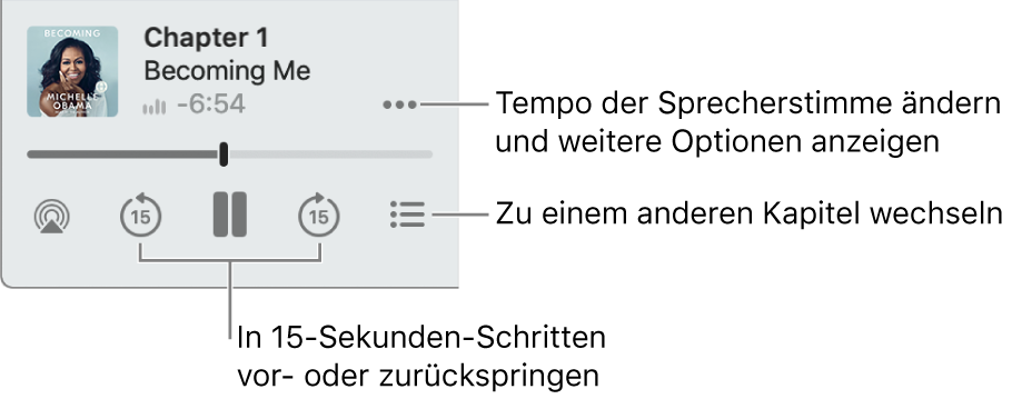 Der Hörbuch-Player in der App „Bücher“ zeigt die Taste „Mehr Optionen“ (oben rechts), die Taste „Inhaltsverzeichnis“ (unten rechts) sowie die Tasten „Vorwärts springen“ und „Rückwärts springen“ (unten links und rechts).