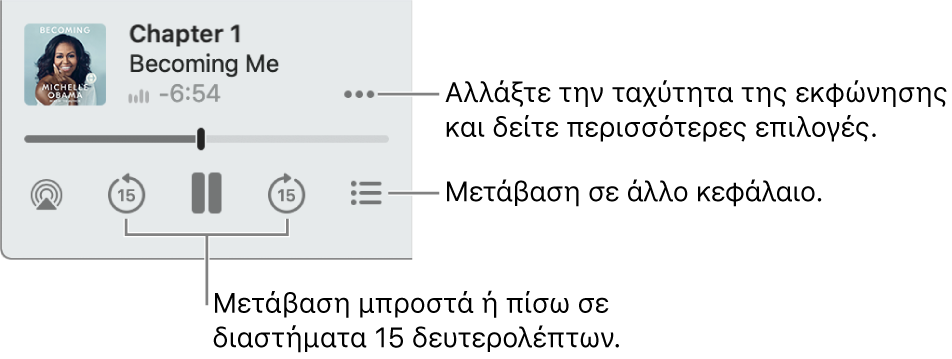 Το πρόγραμμα αναπαραγωγής ηχοβιβλίων στο Apple Books, στο οποίο εμφανίζεται το κουμπί «Περισσότερες επιλογές» (κόντα στην πάνω δεξιά γωνία), το κουμπί «Πίνακας περιεχομένων» (κοντά στην κάτω δεξιά γωνία) και τα κουμπιά «Μετάβαση μπροστά» ή «Μετάβαση πίσω» (κοντά στην κάτω αριστερή και στην κάτω δεξιά γωνία).