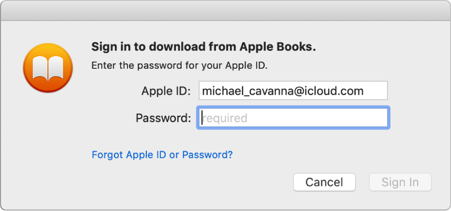 The dialogue to sign in using an Apple ID and password.