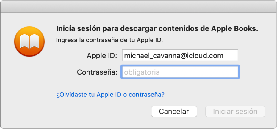 El cuadro de diálogo para iniciar sesión usando un Apple ID y contraseña.