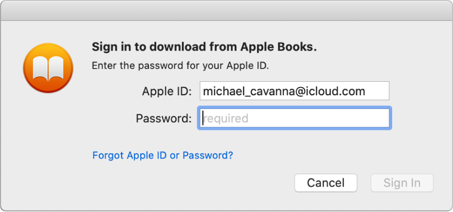 El cuadro de diálogo para iniciar sesión usando un Apple ID y contraseña.
