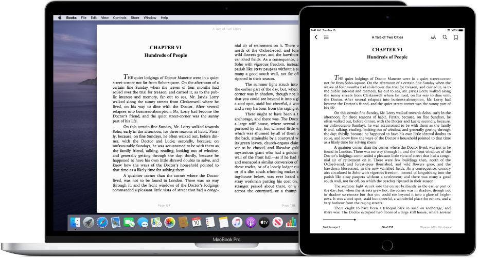 Un libro en la misma página en la app Libros en un iPad y un Mac.