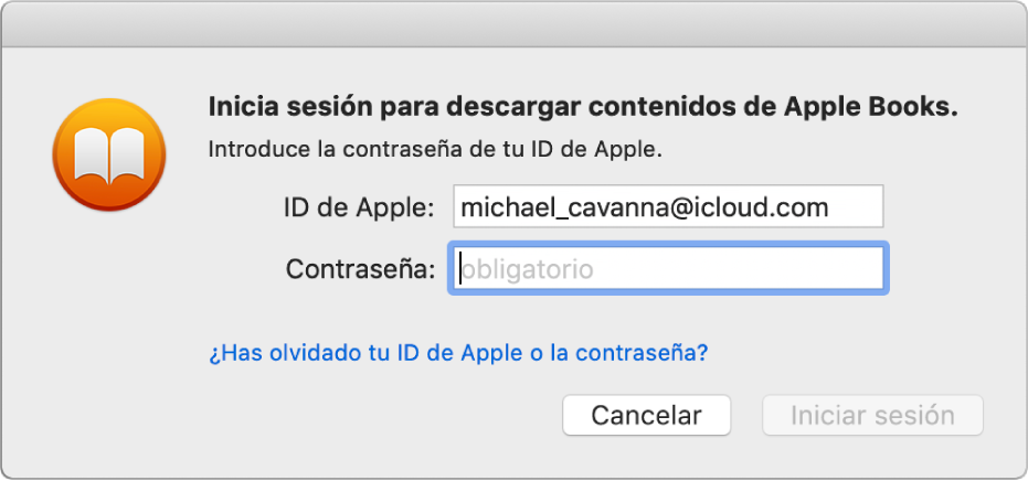 Cuadro de diálogo para iniciar sesión con el ID de Apple y la contraseña.