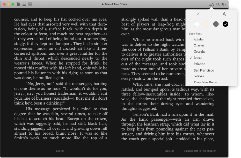 Un libro con un aspecto personalizado y el menú Apariencia que muestra el tamaño del texto seleccionado, el color de fondo y el tipo de letra.