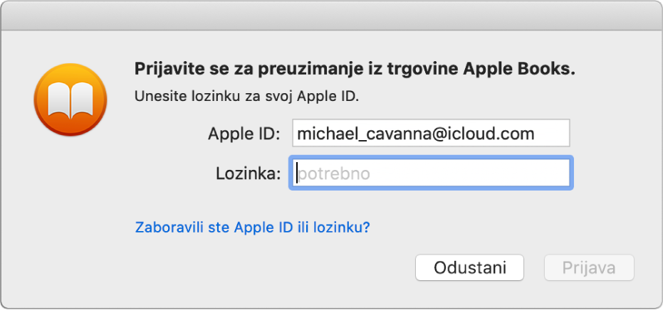 Dijaloški okvir za prijavu pomoću Apple ID-a i lozinke.
