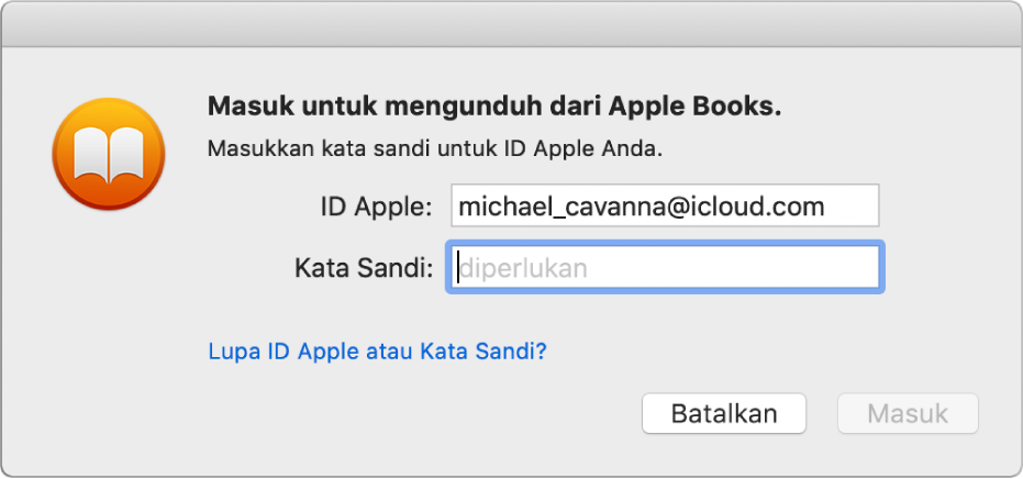 Dialog untuk masuk menggunakan ID Apple dan kata sandi.