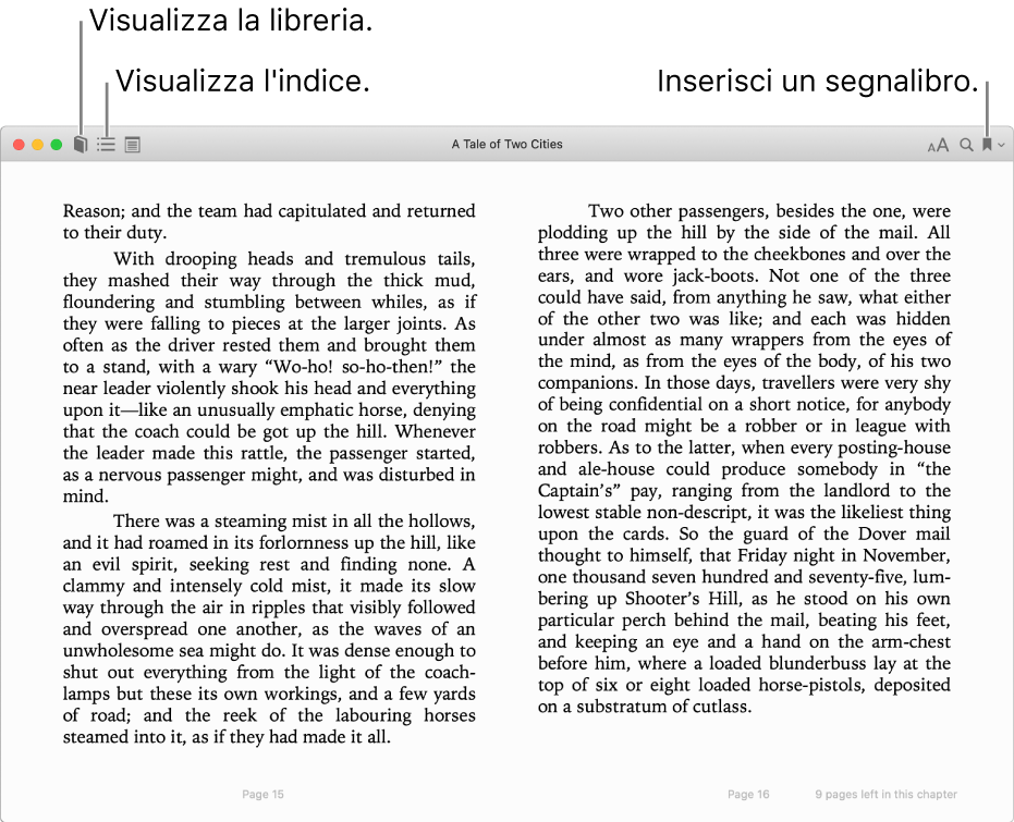 Le opzioni disponibili in un libro aperto.