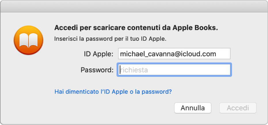 La finestra di dialogo per accedere utilizzando un ID Apple e una password.