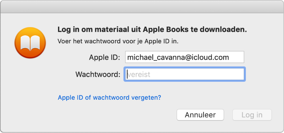 Het dialoogvenster waarmee je inlogt met een Apple ID en wachtwoord.