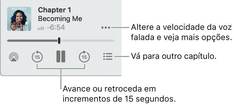 Reprodutor de audiolivros no app Livros mostrando o botão Mais Opções (perto do canto superior esquerdo), o botão Índice (perto do canto inferior direito) e os botões Avançar e Retroceder (perto das partes inferiores esquerda e direita).