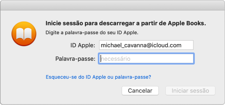 A caixa de diálogo para iniciar sessão com um ID Apple e palavra‑passe