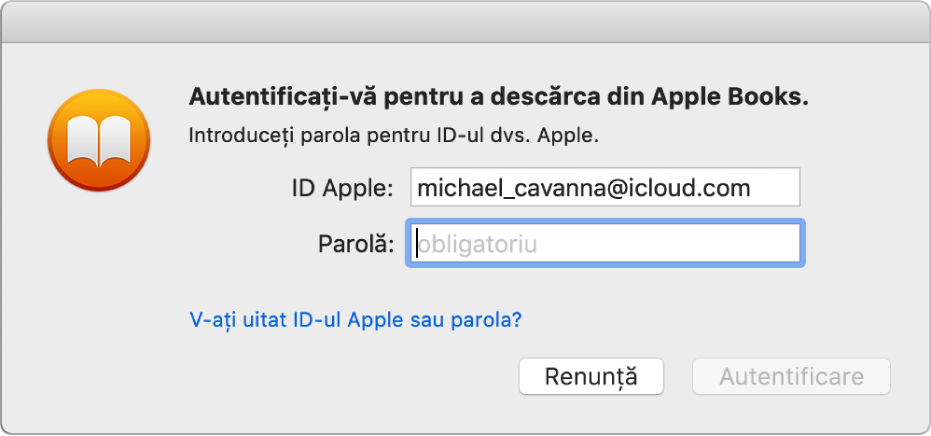 Fereastra de dialog de autentificare folosind ID-ul Apple și parola.