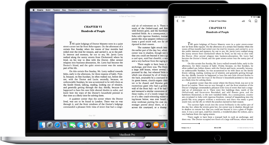 Книга, открытая в программе «Книги» на одной и той же странице на iPad и компьютере Mac.