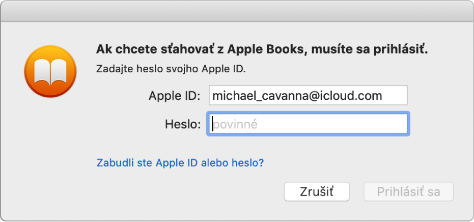 Dialógové okno na prihlásenie pomocou Apple ID a hesla.