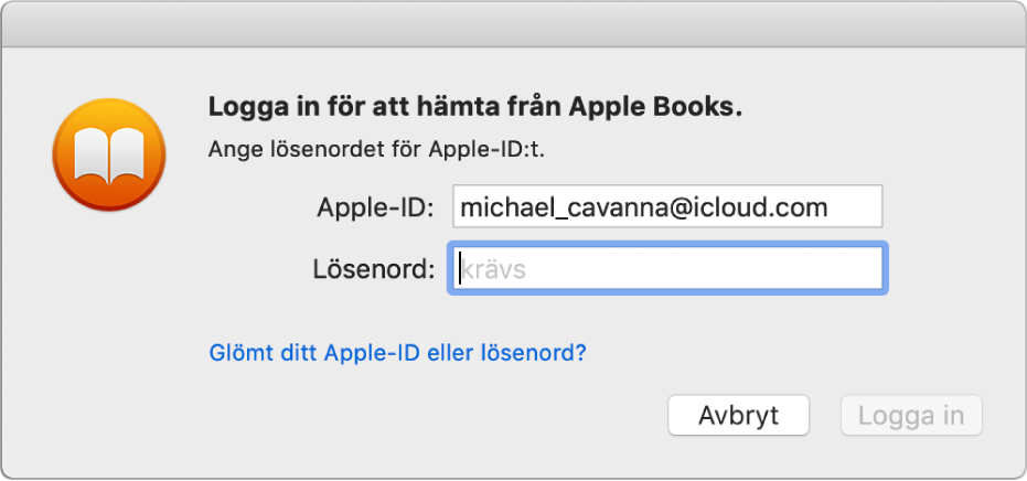 Dialogrutan för inloggning med ett Apple-ID och lösenord.